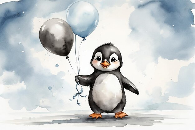 Foto um pinguim bebê bonito com balões de aquarela de desenho animado de fundo branco