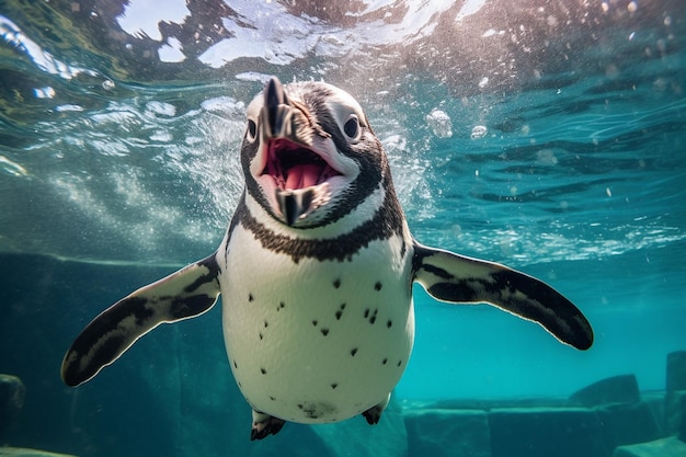 um pinguim com a boca aberta está nadando em um tanque com um peixe nele