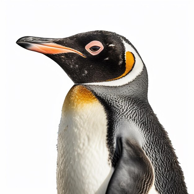 Um pinguim com fundo branco e olhos vermelhos.