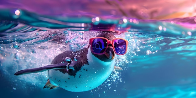 Um pinguim com óculos de sol nadando na água simboliza a diversão do verão conceito de verão diversão pinguins esportes aquáticos fotografia de animais imagens humorísticas