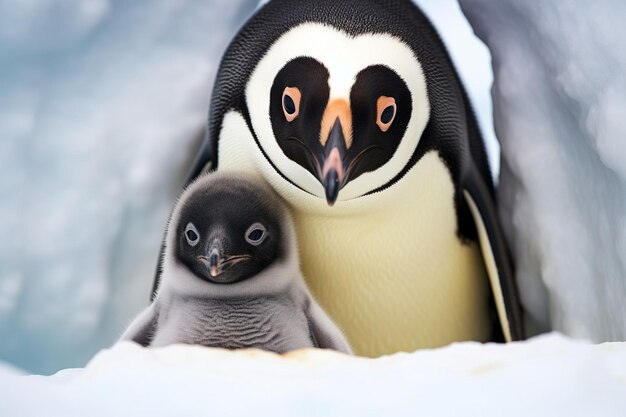 Foto um pinguim com um bebê pinguim nas costas