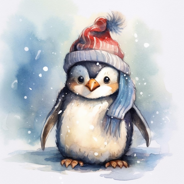 Um pinguim com um chapéu vermelho senta-se na neve.