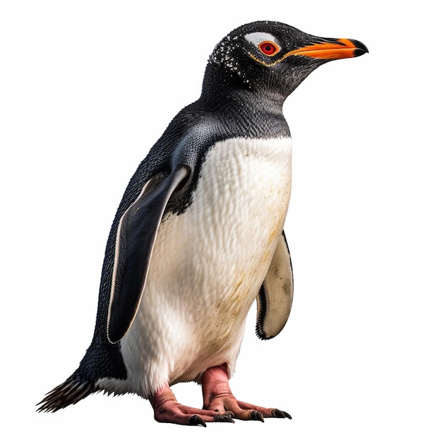 Um pinguim com um olho vermelho está de pé sobre um fundo branco.