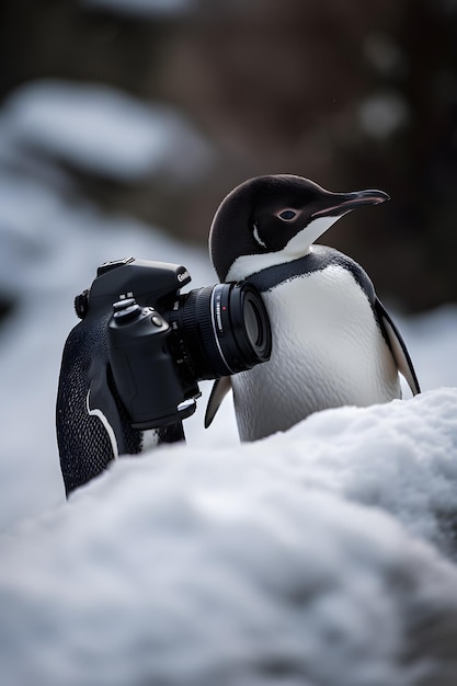 Um pinguim com uma câmera no pescoço