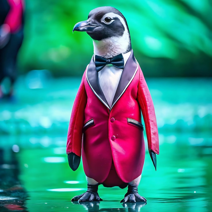 Foto um pinguim com uma roupa parecida com um esmoquinho