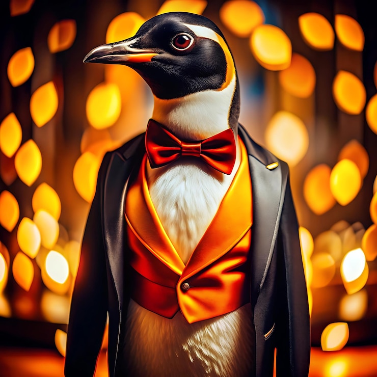 Foto um pinguim com uma roupa parecida com um esmoquinho