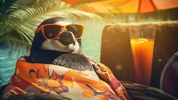um pinguim da Antártida para um paraíso tropical Ostentando um par de óculos de sol elegantes, o pinguim descansa confortavelmente em uma toalha de praia vibrante com uma bebida tropical colorida em sua nadadeira