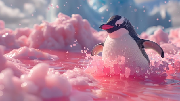 Um pinguim deslizando por uma geleira de iogurte congelado