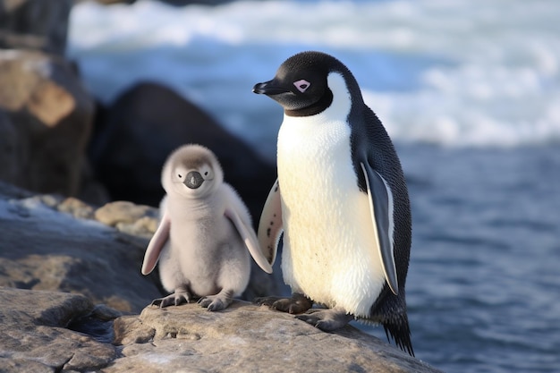 Foto um pinguim e um pinguim no gelo