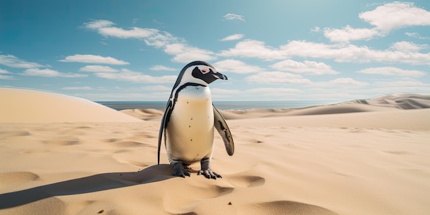 um pinguim em pé na areia