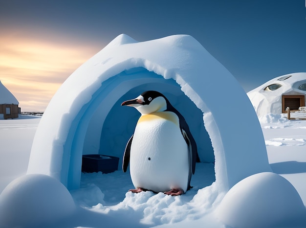 um pinguim em uma montanha coberta de neve ao fundo