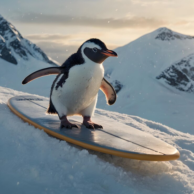 Foto um pinguim em uma prancha de surf na neve com montanhas ao fundo