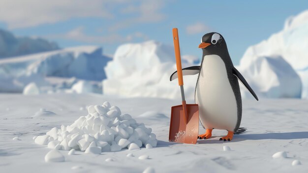 Foto um pinguim está de pé na neve segurando uma pá há um monte de neve ao lado dele ele está usando uma expressão determinada em seu rosto