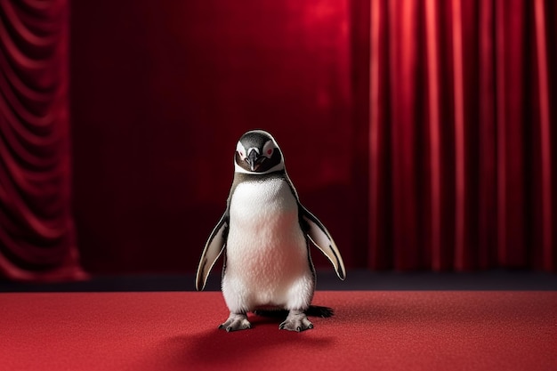 Um pinguim está em pé sobre uma mesa vermelha em frente a um fundo vermelho.