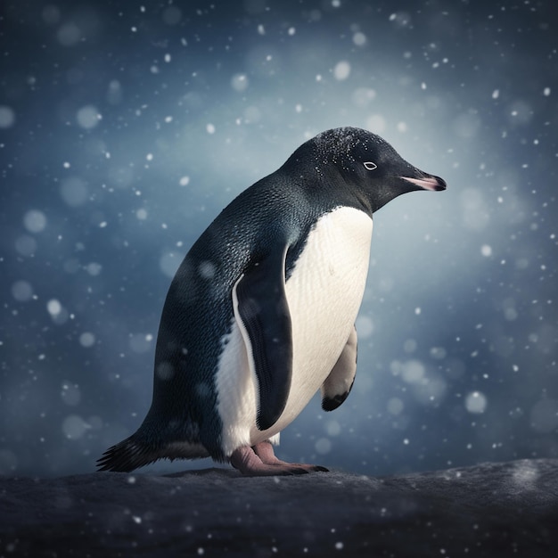 Um pinguim está em uma superfície nevada com a neve caindo sobre ela.