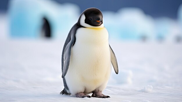 Um pinguim está na neve.