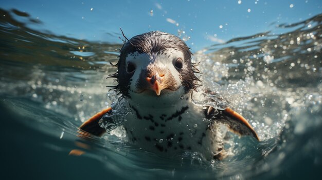 Um pinguim está nadando