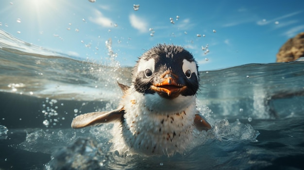 Um pinguim está nadando