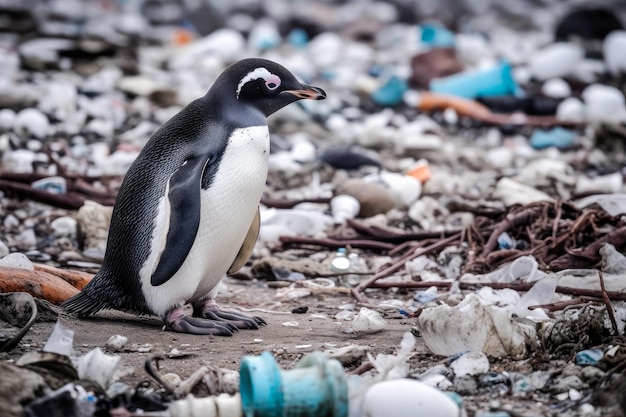 Um pinguim está sentado em uma pilha de lixo.