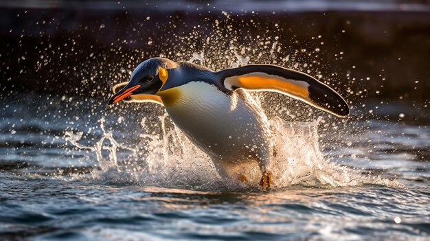 Foto um pinguim-rei espirra na água.