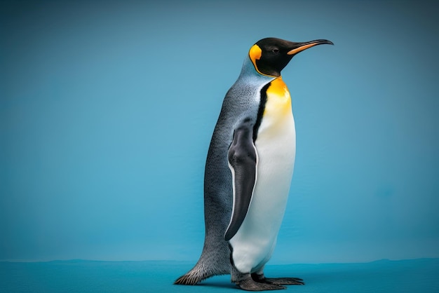 Foto um pinguim-rei real mostra orgulhosamente sua estatura real contra um fundo azul