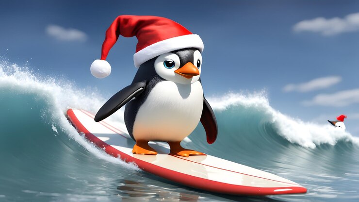 Foto um pinguim super bonito a usar um chapéu de papai noel e a surfar.