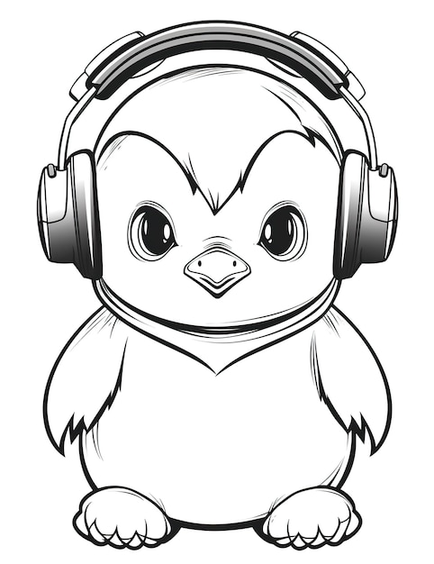 Um pinguim usando fones de ouvido e ouvindo música Generative AI image Livro de colorir para crianças