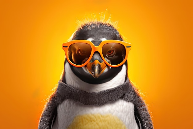 um pinguim usando óculos escuros com um pinguim nas costas.