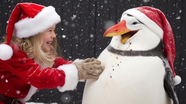 Um pinguim vestindo um chapéu de Papai Noel e um lenço imagem de Natal ilustração fotorrealista