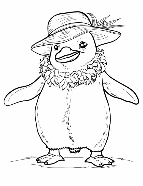 Foto um pinguim vestindo um chapéu e um lei lei está de pé generativo ai