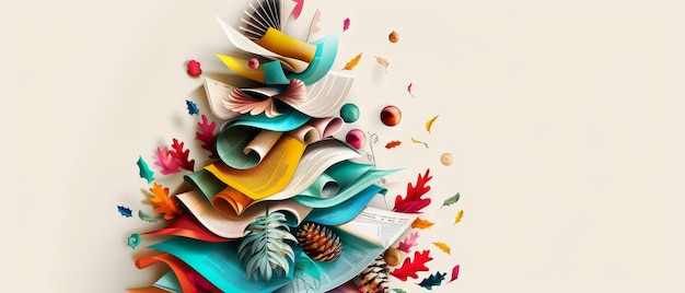 Foto um pinheiro ilustrado feito de pilhas de livros para festivais de livros de natal e vendas de livrarias ilustração moderna plana retratando uma árvore decorada com bolas e bolas retro