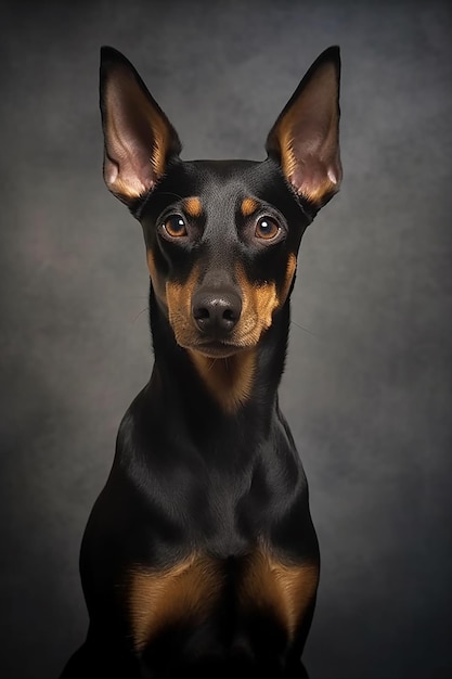 Um pinscher está olhando para a câmera