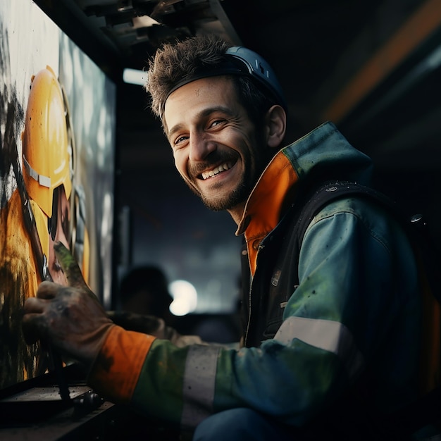 Um pintor sorridente, um trabalhador.