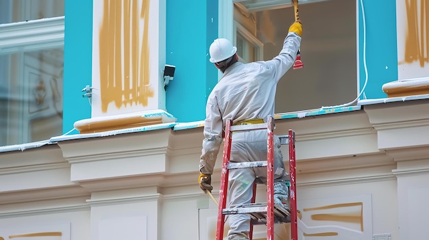 Foto um pintor usando um chapéu e óculos de segurança está pintando o exterior de um edifício