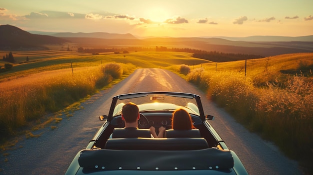 Foto um pintoresco passeio pelo campo se desenrola enquanto um casal serpenteia através de paisagens impressionantes capturando a beleza das maravilhas da natureza e a serenidade de horizontes sem fim