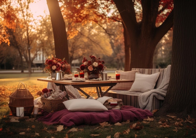 Um piquenique ao ar livre com tema de outono