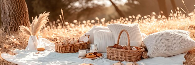 Foto um piquenique ao ar livre com uma configuração de tema branco completo com almofadas de cobertor e uma cesta de guloseimas deliciosas