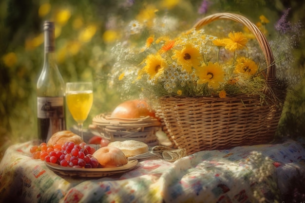 Um piquenique com uma cesta de flores e uvas