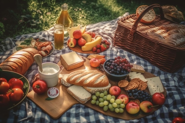 Um piquenique com uma cesta de frutas e pão