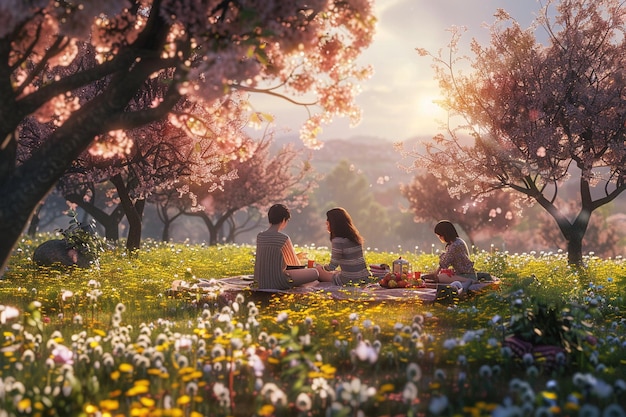 Um piquenique em família num pomar de cerejas em flor