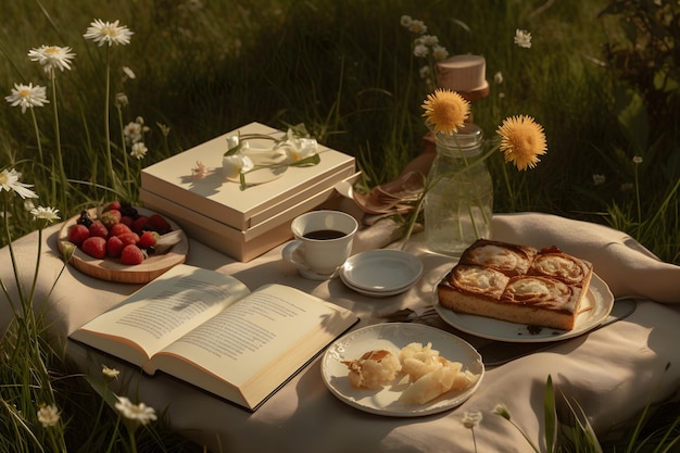 Um piquenique em um campo de flores com um livro aberto