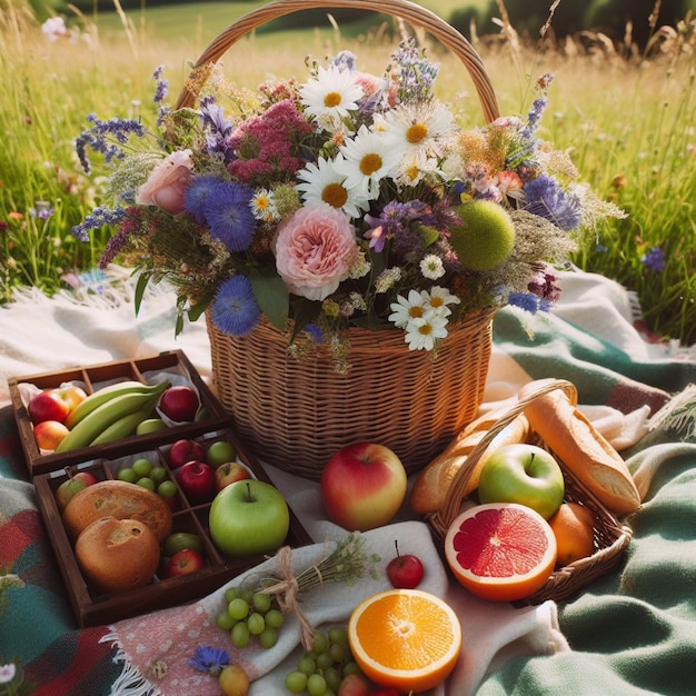 Um piquenique em um prado verde com uma cesta de frutas e flores