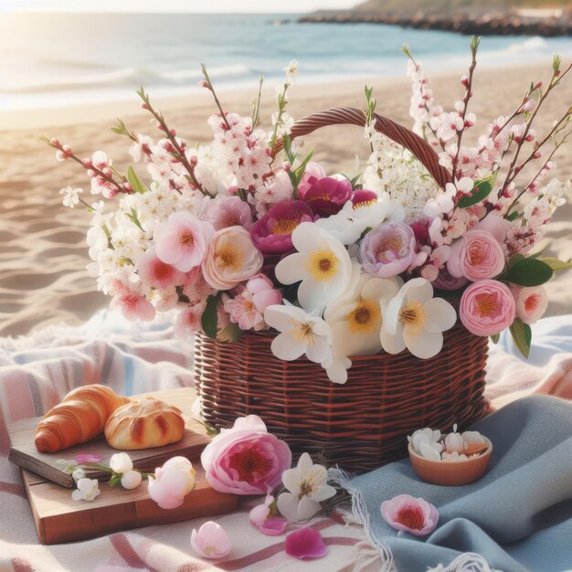 Um piquenique na praia com um cesto cheio de flores de primavera