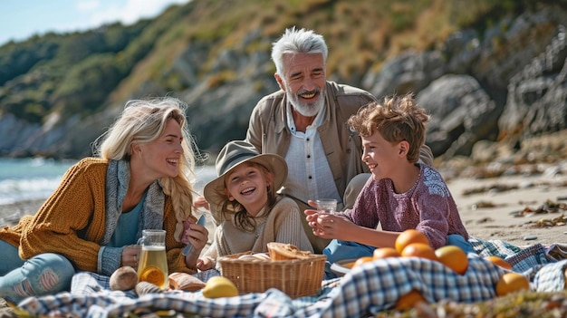 Um piquenique na praia com uma família de três gerações.