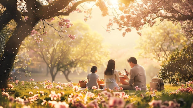 Um piquenique no parque Uma família de três pessoas a desfrutar de um picnic no parque num belo dia de primavera