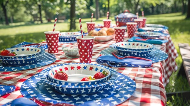 Foto um piquenique patriótico distribuído em uma mesa completa com placas de papel de toalha de mesa a quadros