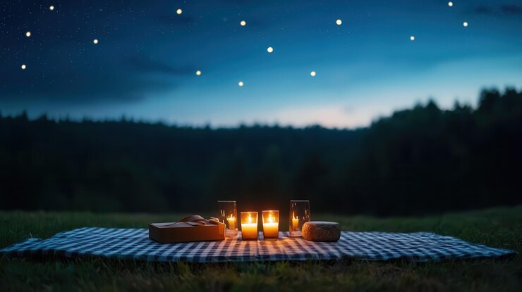 Foto um piquenique romântico à noite sob um céu estrelado.