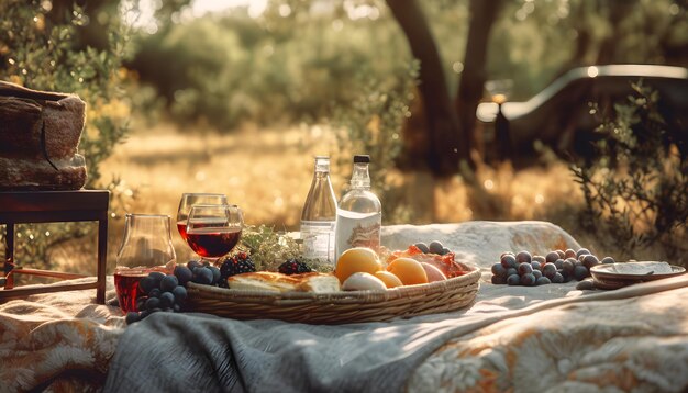 Um piquenique romântico na mesa no verão