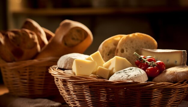Foto um piquenique rústico francês com queijo de pão fresco e vinho gerado por inteligência artificial