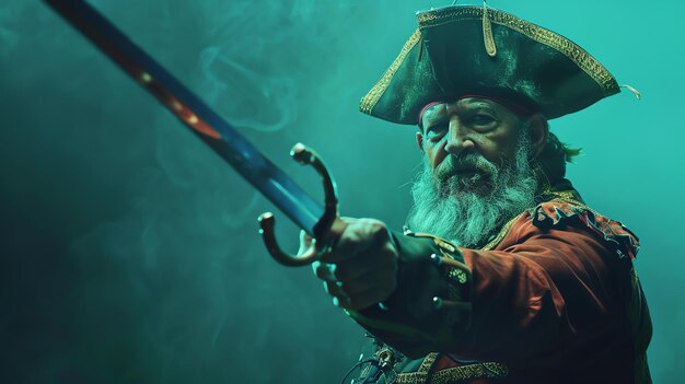 Foto um pirata de aparência feroz com barba e um tapa no olho segura uma espada na frente de um fundo verde fumegante